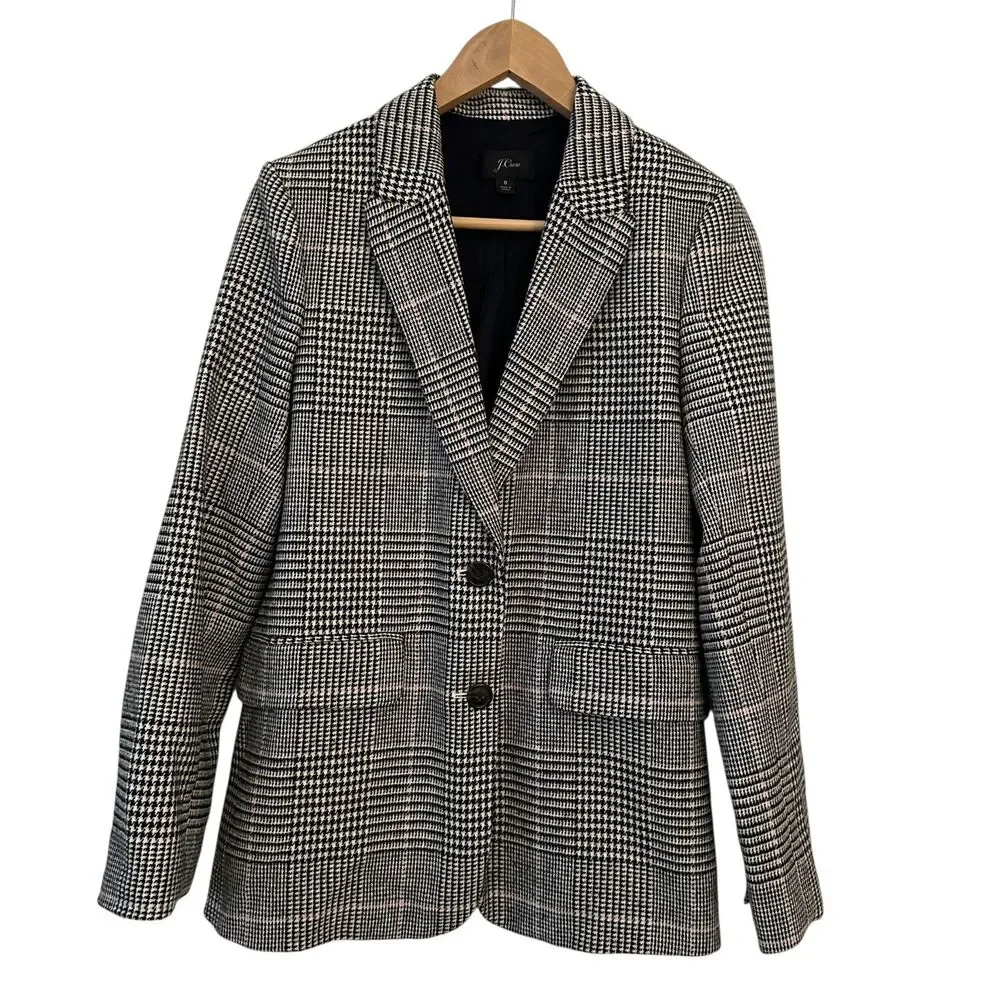 J. Crew Black, White + Pink Plaid Acrylic 2 Button Preppy Lined Blazer Size‎ 8
